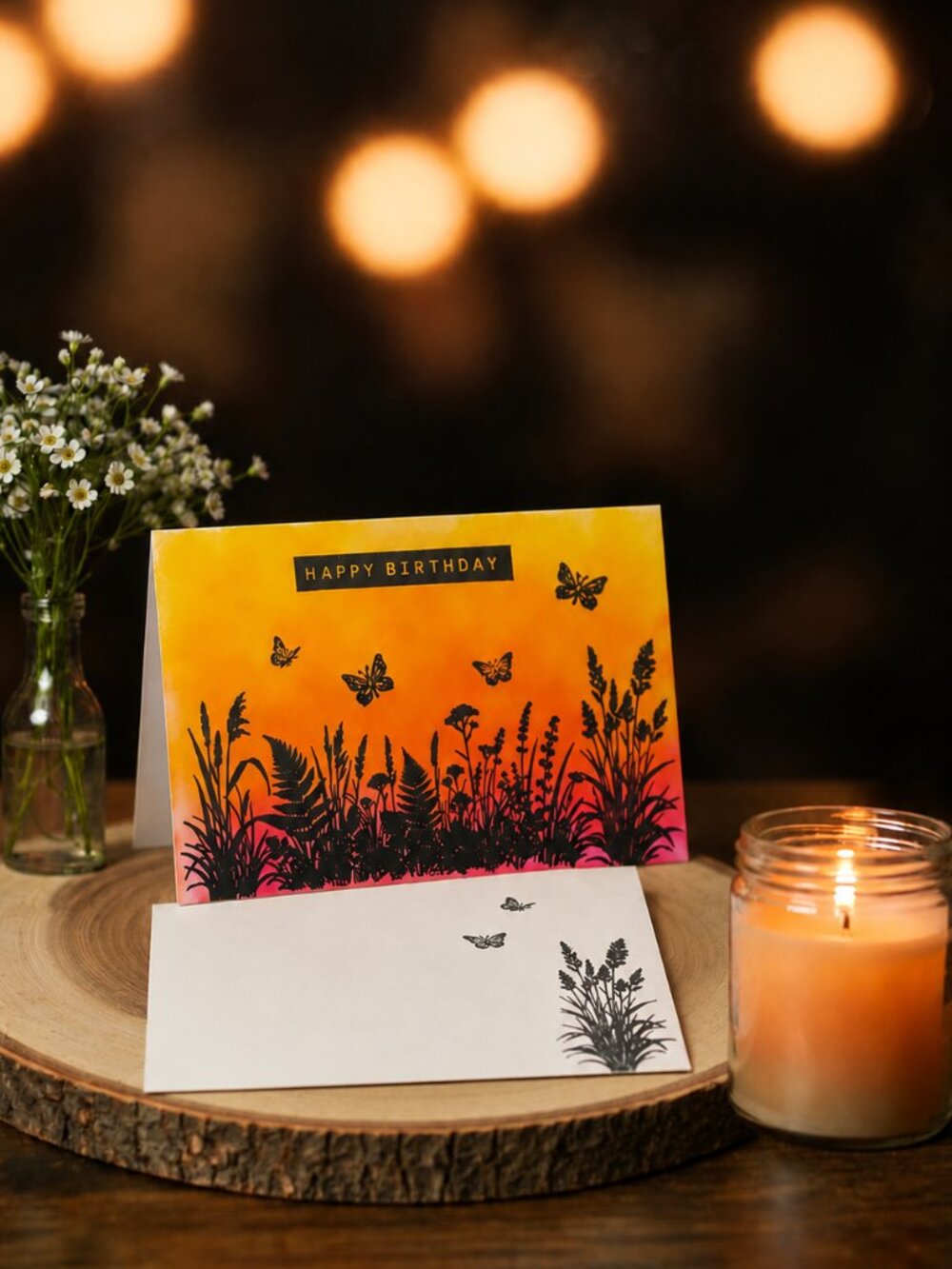 Botanical Silhouette Birthday Card | Sunset Ombre Handmade Greeting Card